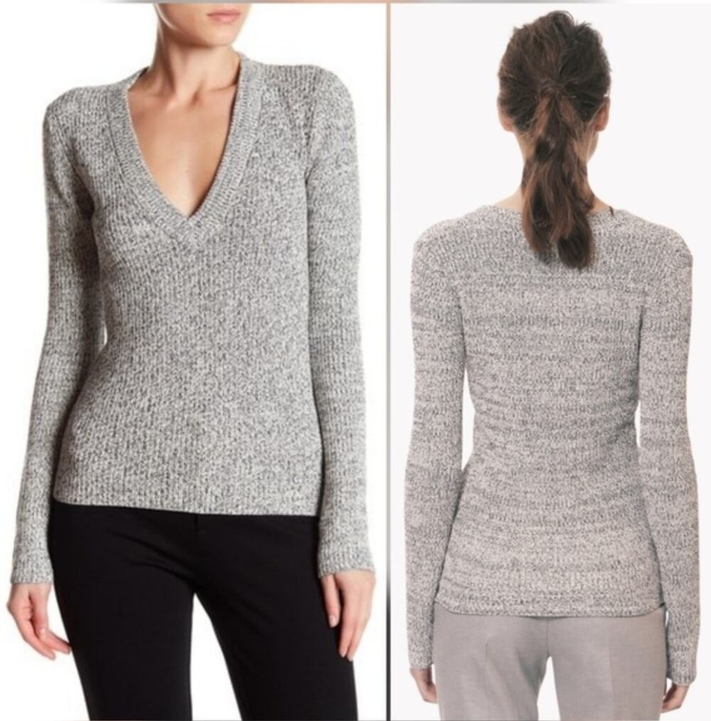 Theory Basilla Parchment Marl V Neck Sweater Sz Large Rubbed Heavy Stretch $345